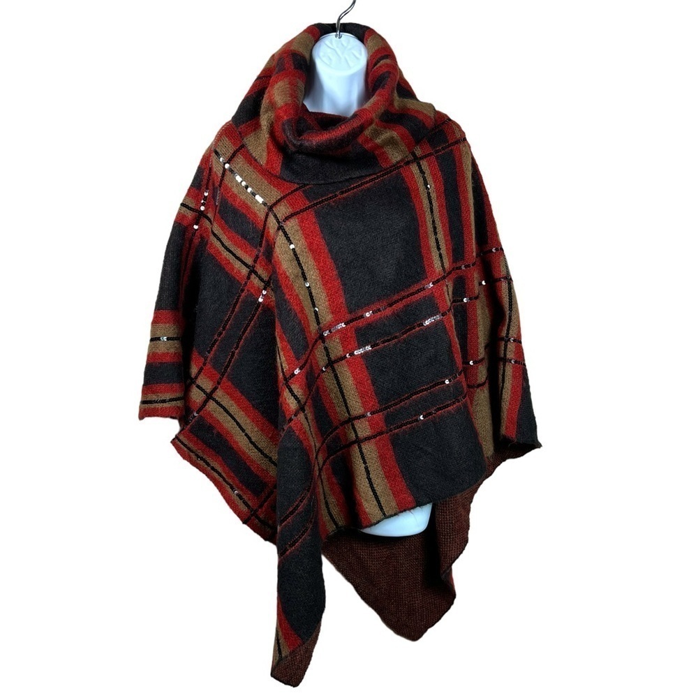 Chicos Poncho Sweater Brown Black Red Sequin Cowl Neckline Small Medium